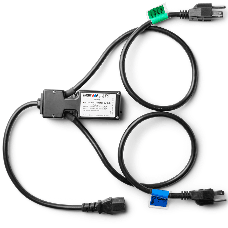 uATS LV - 2x 5-15 Input (2ft Cords) to 1x C13 Output (1ft Cord) - 120V (1-3 Phase)