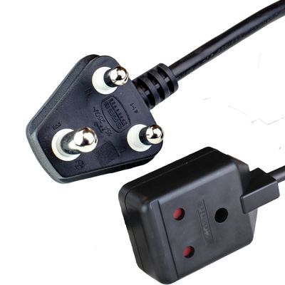 1M Black South Africa Extension Cable SANS164-1 BS546 Down Angle to SANS164-1 BS546 Down Angle 15A 250V