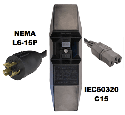 8FT NEMA L6-15P to Manual Reset In-Line GFCI to IEC60320 C15 15A 240V Power Cord - BLACK